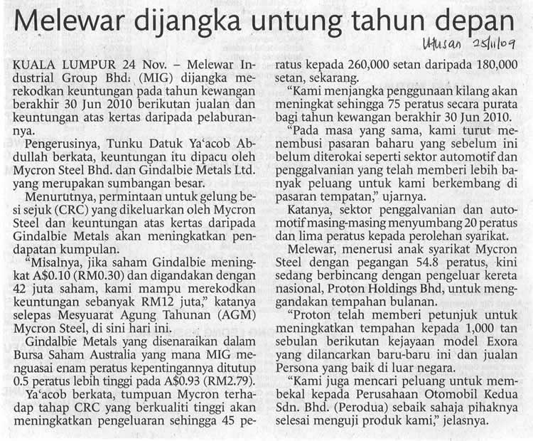 Melewar dijangka untung tahun depan