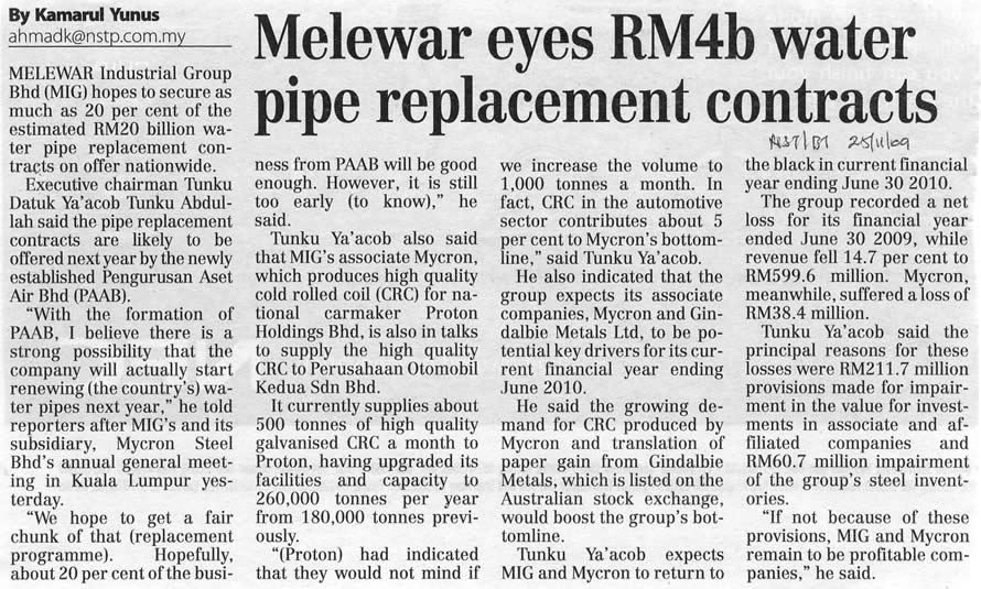 Melewar eyes RM4b water pipe replacement contracts
