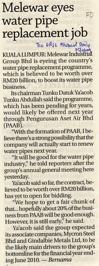 Melewar eyes water pipe replacement jobs